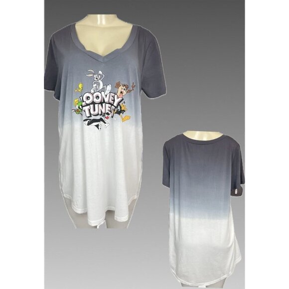Looney Tunes +4 Gray Dipped V-Neck Character Graphic Curved Hem Short Sleeve Tee - Picture 1 of 6